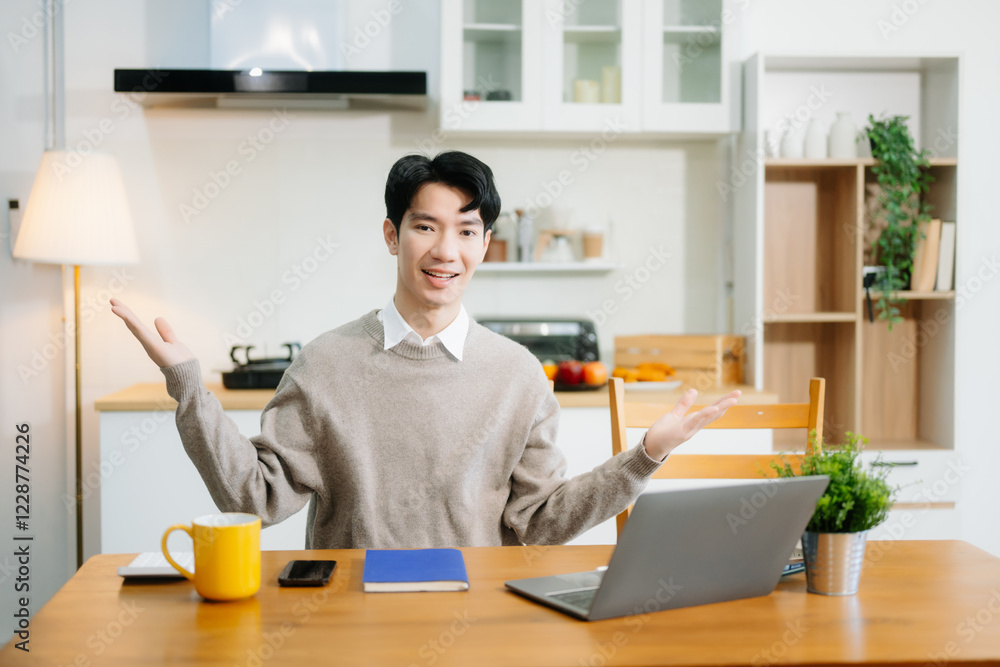 Young man using laptop while sitting at home. Young woman sitting in kitchen and working Young man using laptop while sitting at home. Young woman sitting in kitchen and working