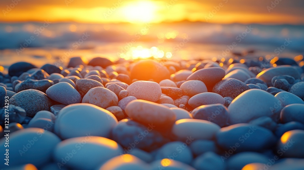Obraz premium Sunset beach pebbles, ocean waves, serenity