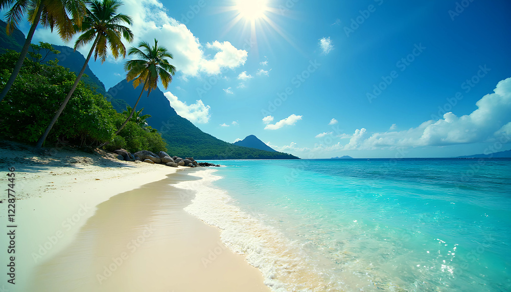 Pristine tropical beach Thailand, Maldives, Bali, Seychelles turquoise crystal water white sand coastline. Palm trees mountain backdrop bright sun blue sky. Perfect paradise island destination summer Pristine tropical beach Thailand, Maldives, Bali, Seychelles turquoise crystal water white sand coastline. Palm trees mountain backdrop bright sun blue sky. Perfect paradise island destination summer