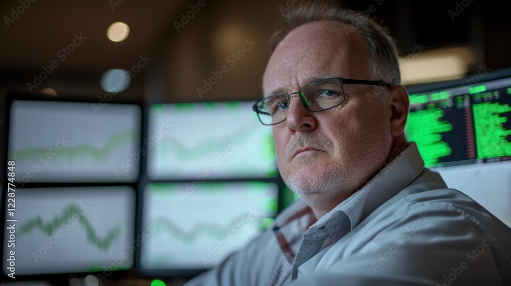 Serious Trader Monitoring Stock Market Data on Multiple Screens at Night Serious Trader Monitoring Stock Market Data on Multiple Screens at Night