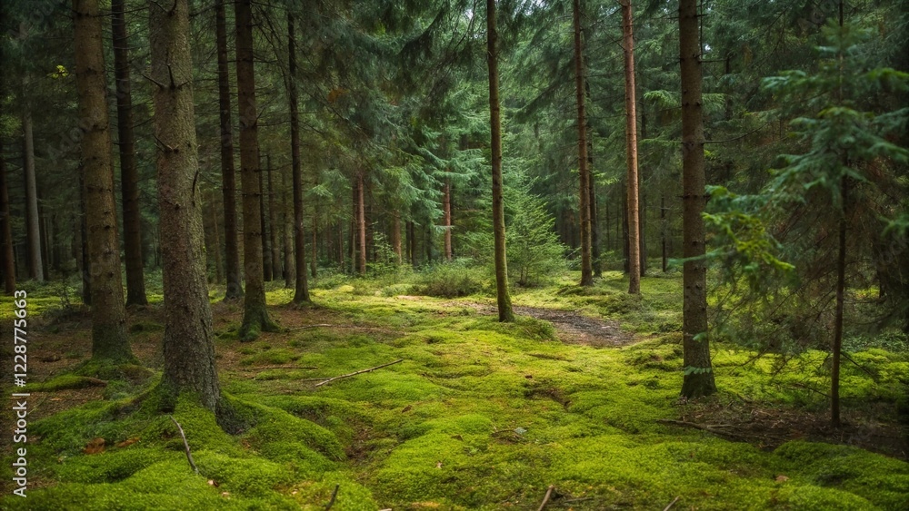 A beautiful forest scenery with pine trees and green moss
A beautiful forest scenery with pine trees and green moss