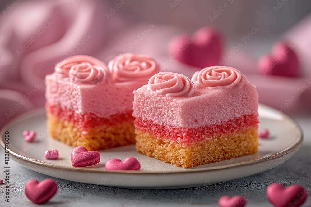 Pink valentine's day cakes decorated with rose shaped buttercream and heart confetti Pink valentine's day cakes decorated with rose shaped buttercream and heart confetti