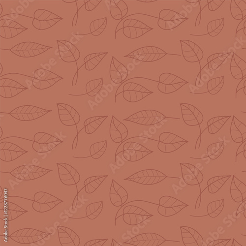 Seamless botanical Pattern on Brown Background. Elegant Linear leaves on mocha mousse backdrop. Color year 2025. Vector illustration. Hand outline drawing Minimal Design for Textiles and Decor
