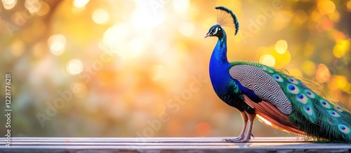 Majestic peacock standing on wooden surface at sunset.