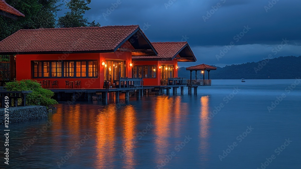 Twilight overwater bungalows, lake, tropical Twilight overwater bungalows, lake, tropical