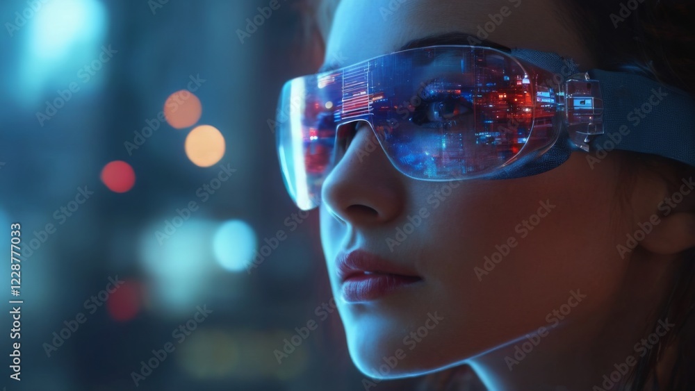 Close-up portrait of a woman in futuristic glasses with pixelated lenses, against a cityscape backdrop. Futuristic and tech vibe. Close-up portrait of a woman in futuristic glasses with pixelated lenses, against a cityscape backdrop. Futuristic and tech vibe.