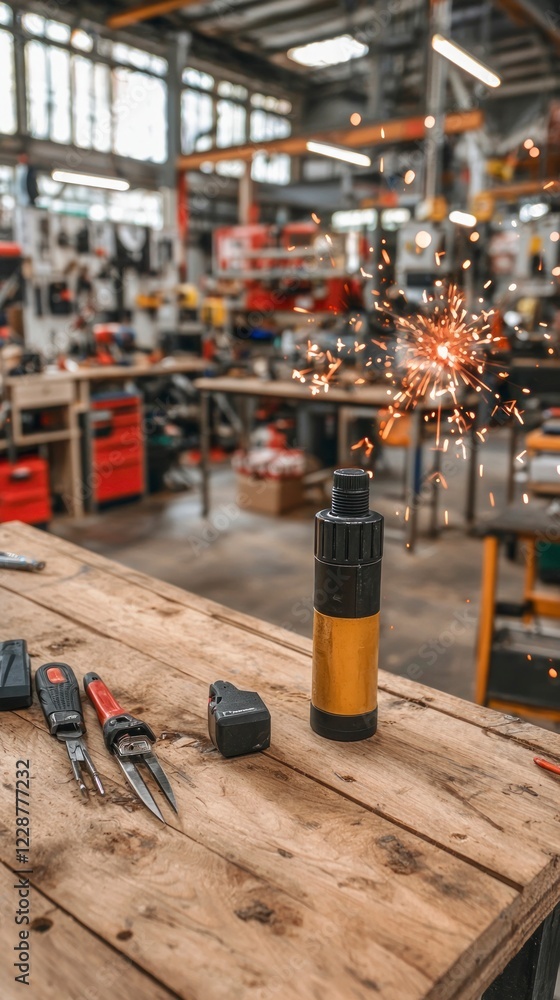 Fototapeta premium Industrial Workshop Tools on Wooden Table with Sparks