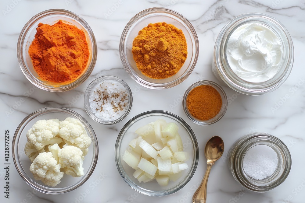 Preparing cauliflower rice with spices and ingredients