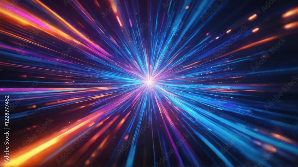 Naklejka premium Abstract Digital Art with Starburst Effect on Dark Blue Background, Gradient Colors, Radiating Light Rays, Energy and Movement Concept.