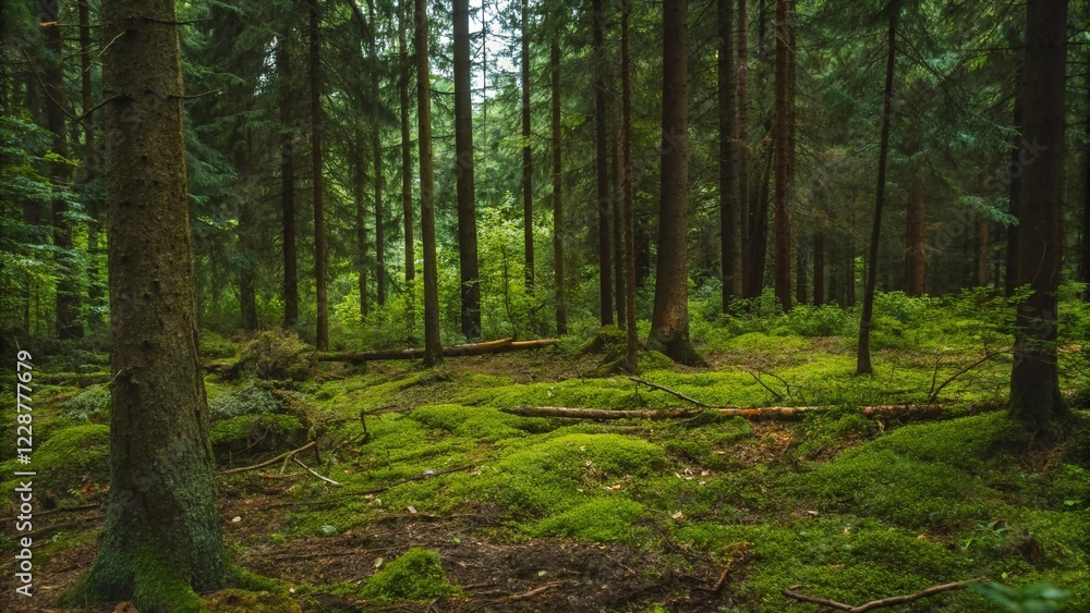 Fototapeta premium A beautiful forest scenery with pine trees and green moss