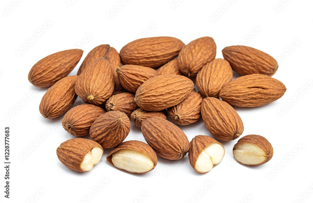 Collection of Whole and Split Raw Almonds on White Background Collection of Whole and Split Raw Almonds on White Background