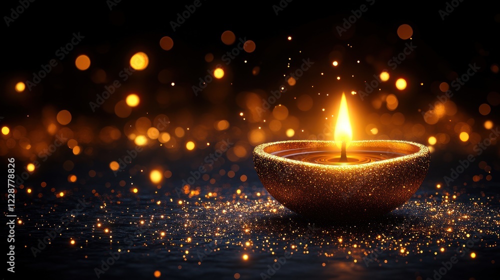 Golden Diwali lamp glows, dark bokeh Golden Diwali lamp glows, dark bokeh