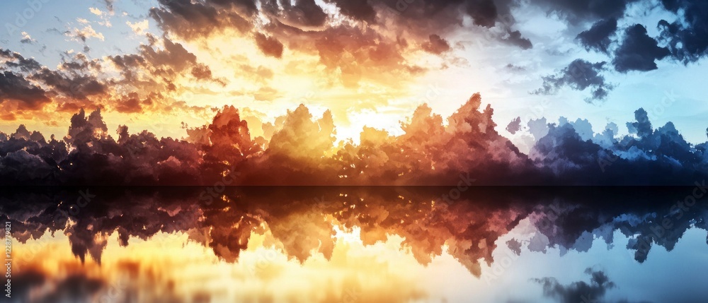 Fototapeta premium Dramatic Sunset Sky Reflection Colorful Cloudscape Over Calm Water