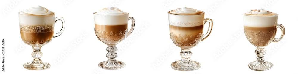 set of A nice royal glass, elegant illustration of vanilla latte in glass, vanilla latte in a fancy glass, vanilla latte in a royal glass with smooth gradient of cream and coffee, on a transparent bac set of A nice royal glass, elegant illustration of vanilla latte in glass, vanilla latte in a fancy glass, vanilla latte in a royal glass with smooth gradient of cream and coffee, on a transparent bac