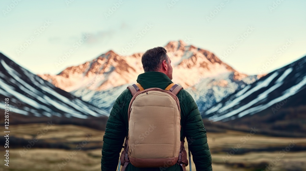 Fototapeta premium Man Hiking Scenic Mountain Landscape Back View Backpack Adventure Travel
