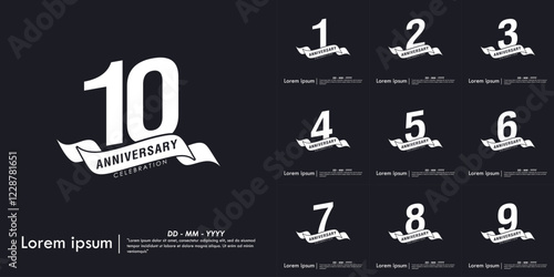 Set of 1-10th years anniversary celebration emblem. white anniversary logo isolated with ribbon on black background. monotone color. vector illustration template design