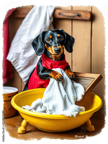 cute dachshund dog, black and tan, in a red apron, washing clothes on an old Russian washboard in a yellow basin photo