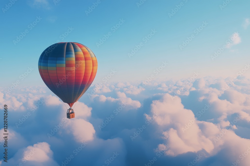 Fototapeta premium Colorful hot air balloon soaring above fluffy clouds in a serene blue sky.