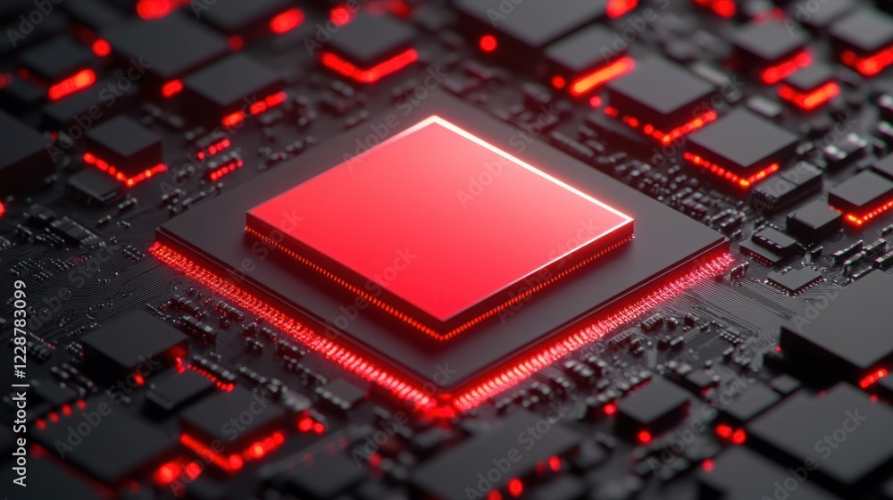 Futuristic Close-Up of Red and Black Circuit Board with Glowing Components and Central Processor, Technology Concept for Innovation and Research Futuristic Close-Up of Red and Black Circuit Board with Glowing Components and Central Processor, Technology Concept for Innovation and Research