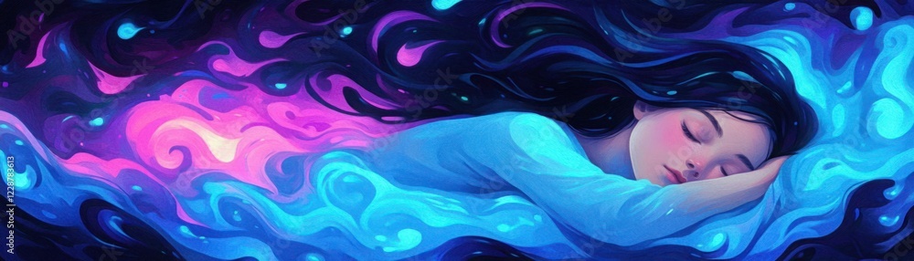 Fototapeta premium Woman Sleeping Peacefully Amidst Colorful Dreamy Swirls in a Surreal and Whimsical Environment with Soft Colors and Gentle Atmosphere