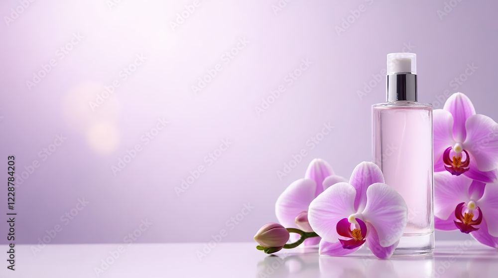 Cosmetics display with orchids on soft purple background and blank space for text. Cosmetics display with orchids on soft purple background and blank space for text.