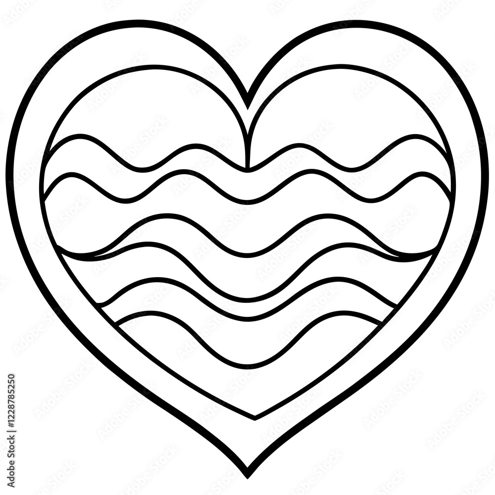 Curved Heart with Flowing Waves Line Art Curved Heart with Flowing Waves Line Art