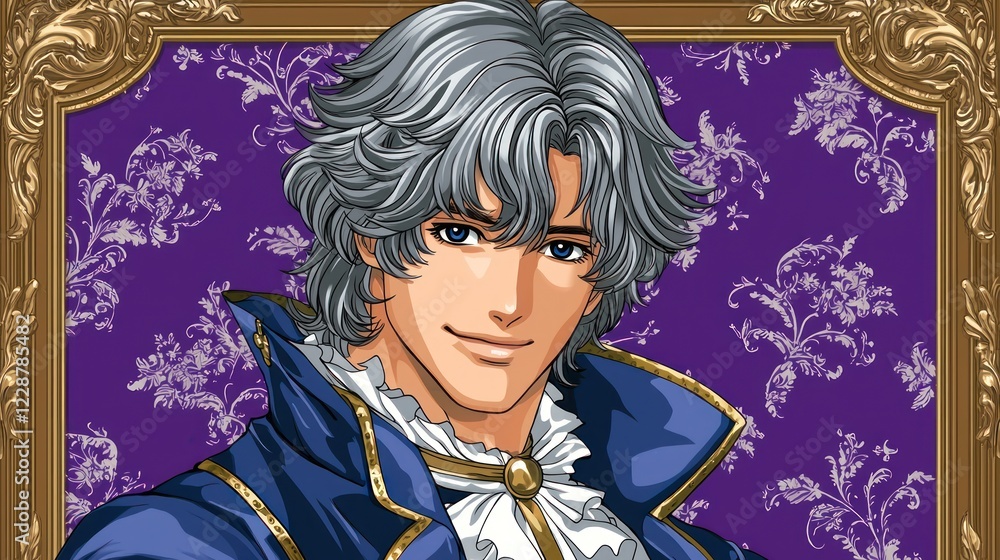 Fototapeta premium Handsome man portrait, purple background, ornate frame, romantic style, ideal for romance novels