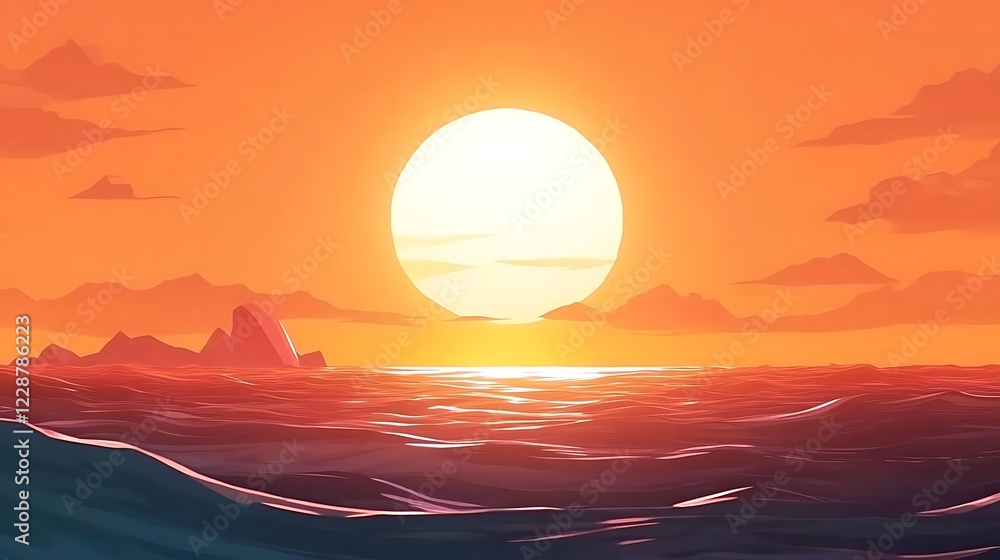 Sunset Over Ocean Mountains and Waves Sunset Over Ocean Mountains and Waves