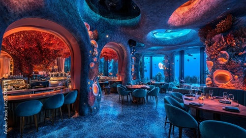 A vibrant underwater cafe with coral-inspired dÃ©cor and oceanic themes throughout  photo