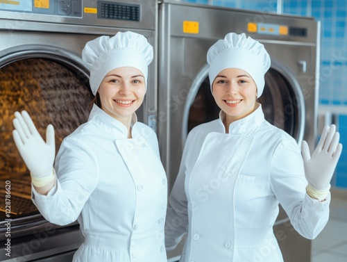 Two smiling female chefs in white uniforms and gloves posing in a professional kitchen with laundry equipment in the background, showcasing teamwork and hospitality photo