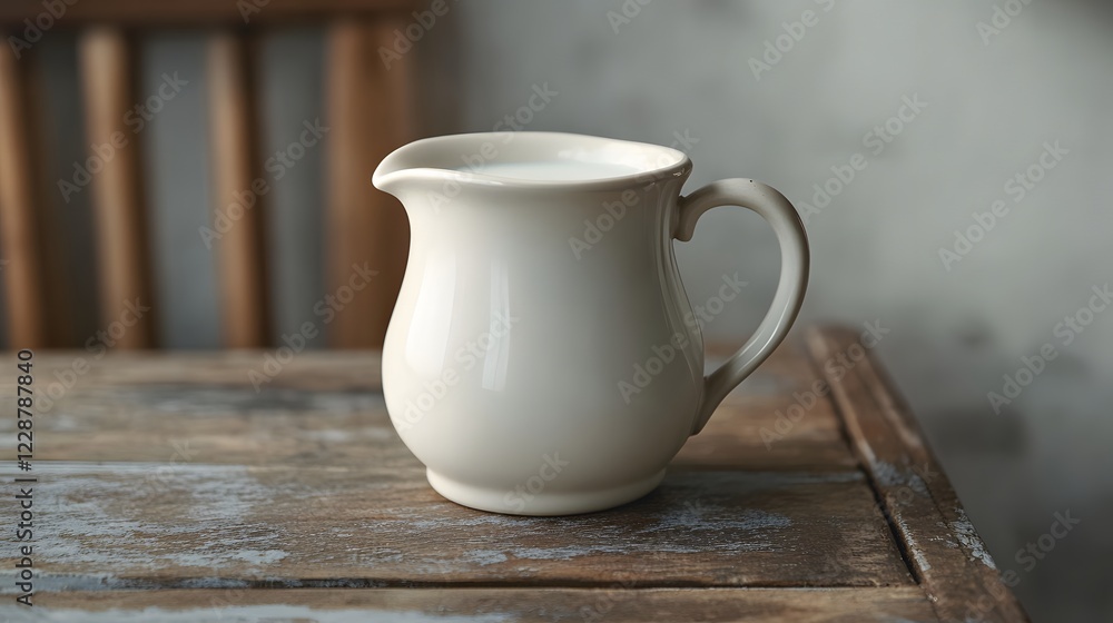 A small white ceramic pitcher filled with milk A small white ceramic pitcher filled with milk