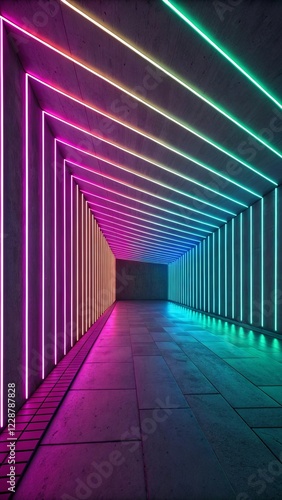 A long hallway with neon lights