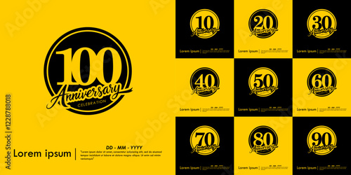 Set of 10-100th years anniversary celebration emblem. black anniversary logo isolated with handwriting and ribbon on yellow background. vector illustration template design