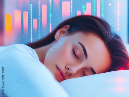 Young Woman Sleeping Peacefully in a Modern, Bright Bedroom with Digital Overlay of Abstract Graphs and Light Effects Enhancing Serenity photo