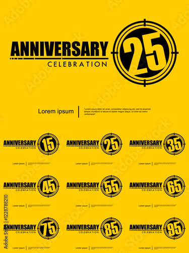 Set of 15-95th years anniversary celebration emblem. black anniversary logo isolated with target crosshairs on yellow background. vector illustration template design for web, flyers, poster, greeting