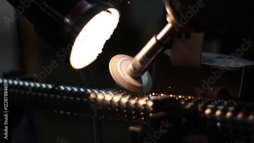 A spinning grinder machine is sharpening the ridged edges on a broach tool inside of a manufacturing company.
