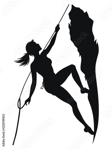 Silhouette of a trekking girl climbing mountain with a rope vector