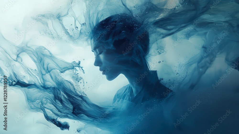 Fototapeta premium Ethereal Woman Emerging from Swirling Ink: A Dreamlike Abstract Portrait