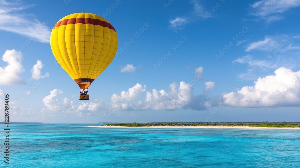Fototapeta premium Yellow Hot Air Balloon Over Tropical Ocean