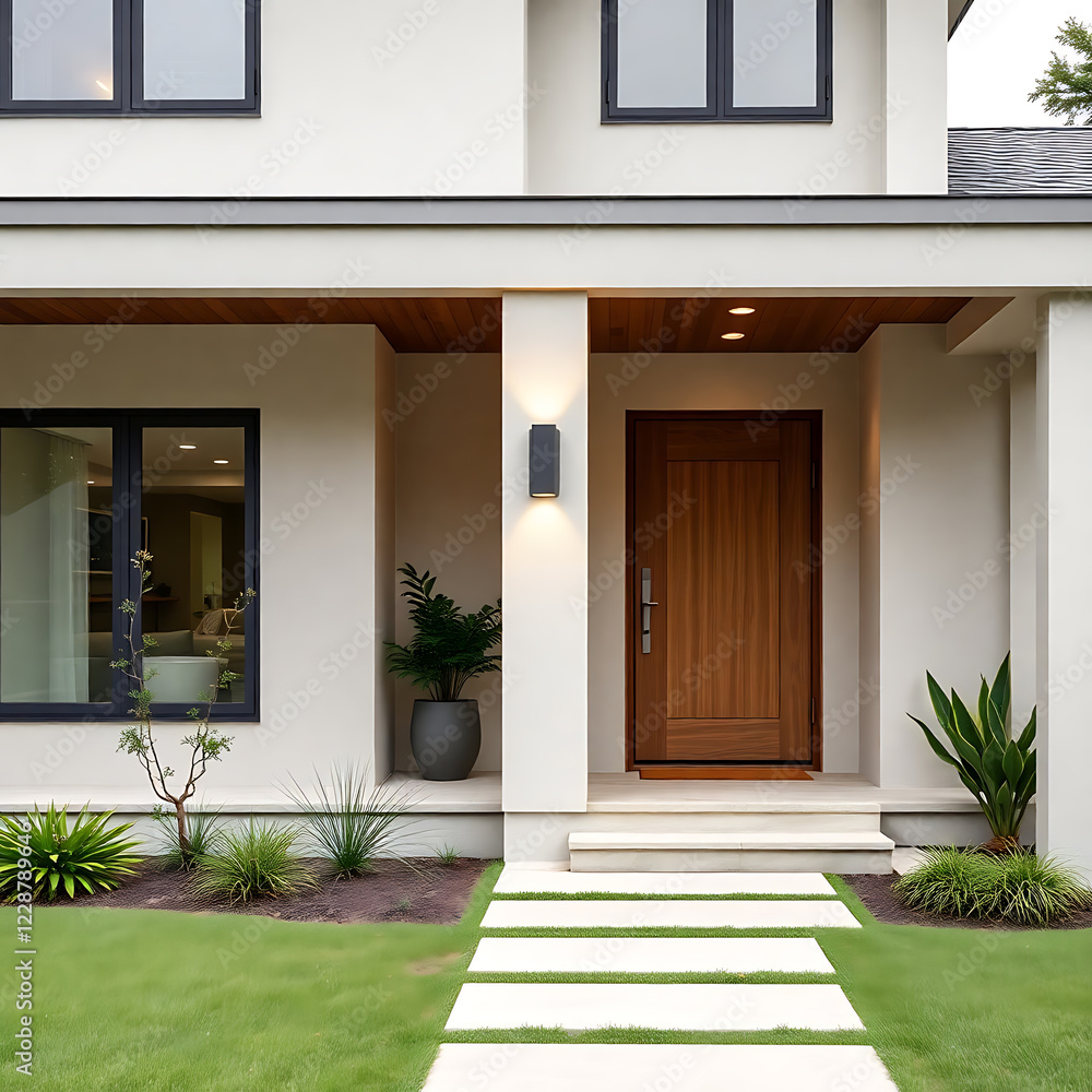 Fototapeta premium Modern House Exterior: Contemporary Home Design and Architecture. Luxury Real Estate Property with Landscaping