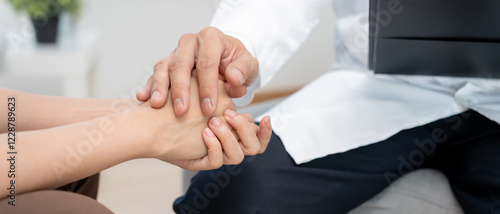 psychiatrist hold hand support each while discussing family issues. doctor encourages and empathy woman suffers depression. psychological, save divorce, Hand in hand together, trust, care photo