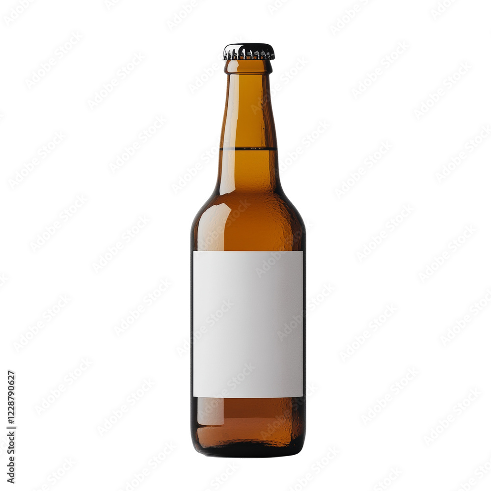 A single amber glass beer bottle with a blank white label is shown against a black background.