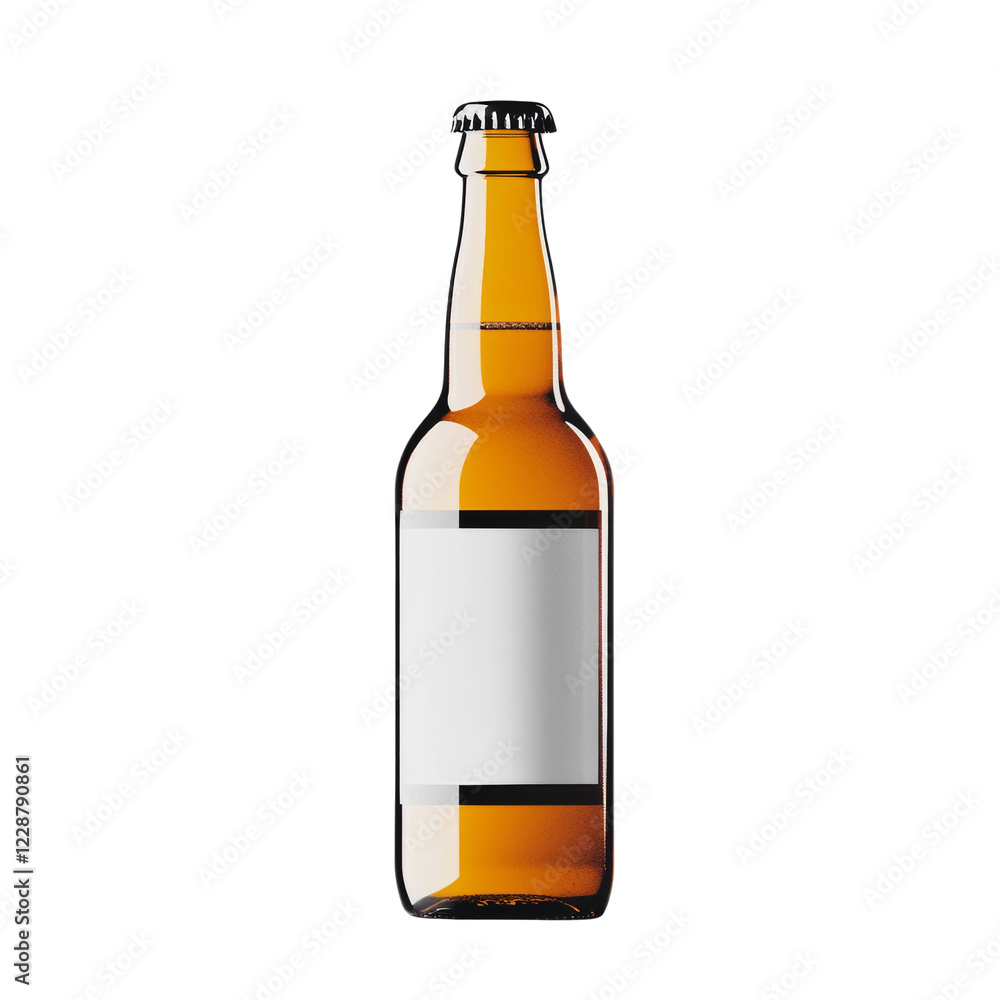 A full, amber glass beer bottle with a blank white label stands against a black background.