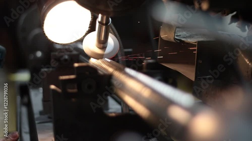 A spinning grinder machine is sharpening the ridged edges on a broach tool inside of a manufacturing company.
