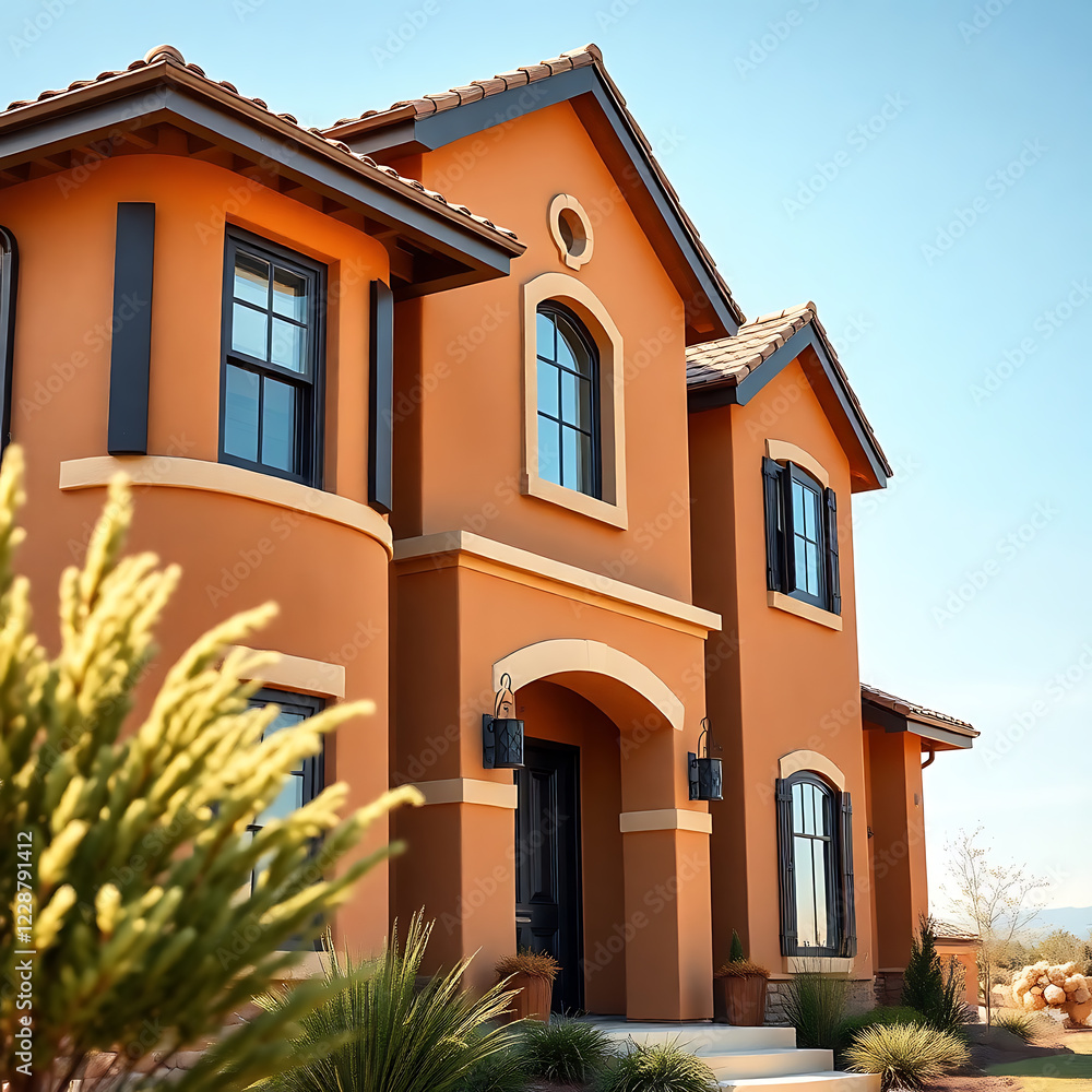 Luxury Mediterranean House Exterior: Orange Stucco, Black Windows, and Elegant Design Luxury Mediterranean House Exterior: Orange Stucco, Black Windows, and Elegant Design