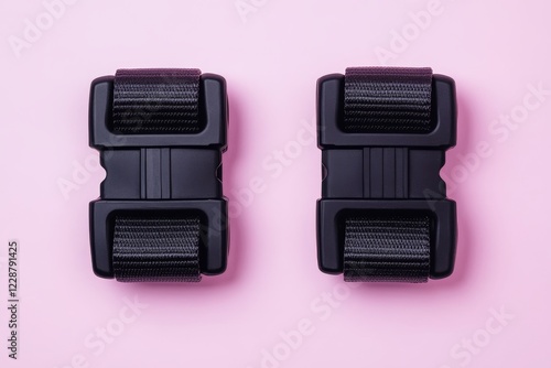 Two black plastic buckles with straps on pink background. photo