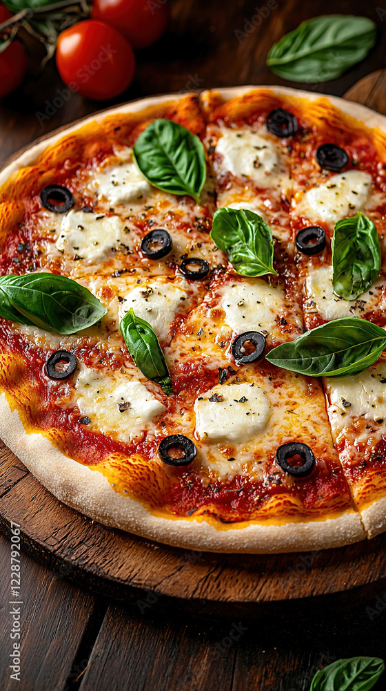 Classic margherita pizza with fresh basil leaves, mozzarella cheese, and tomato sauce on a wooden board, soft natural light and minimalistic composition
Classic margherita pizza with fresh basil leaves, mozzarella cheese, and tomato sauce on a wooden board, soft natural light and minimalistic composition