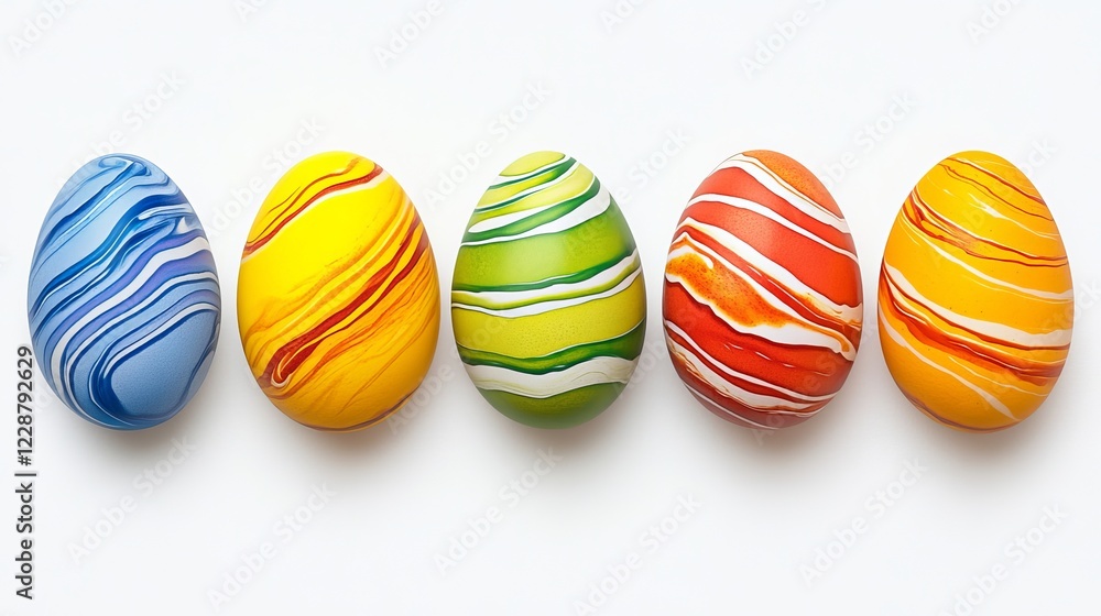 Five eggs with vibrant marbled patterns in orange, blue, yellow, and green hues on a plain white background. Concept of creativity Five eggs with vibrant marbled patterns in orange, blue, yellow, and green hues on a plain white background. Concept of creativity