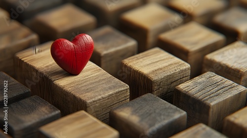  a single red heart resting atop a wooden block, which is part of a larger arrangement of wooden blocks.