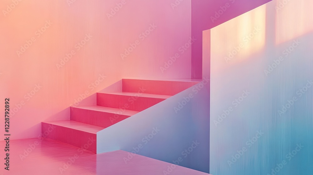 Pink & blue stairs, modern interior, sunlight Pink & blue stairs, modern interior, sunlight